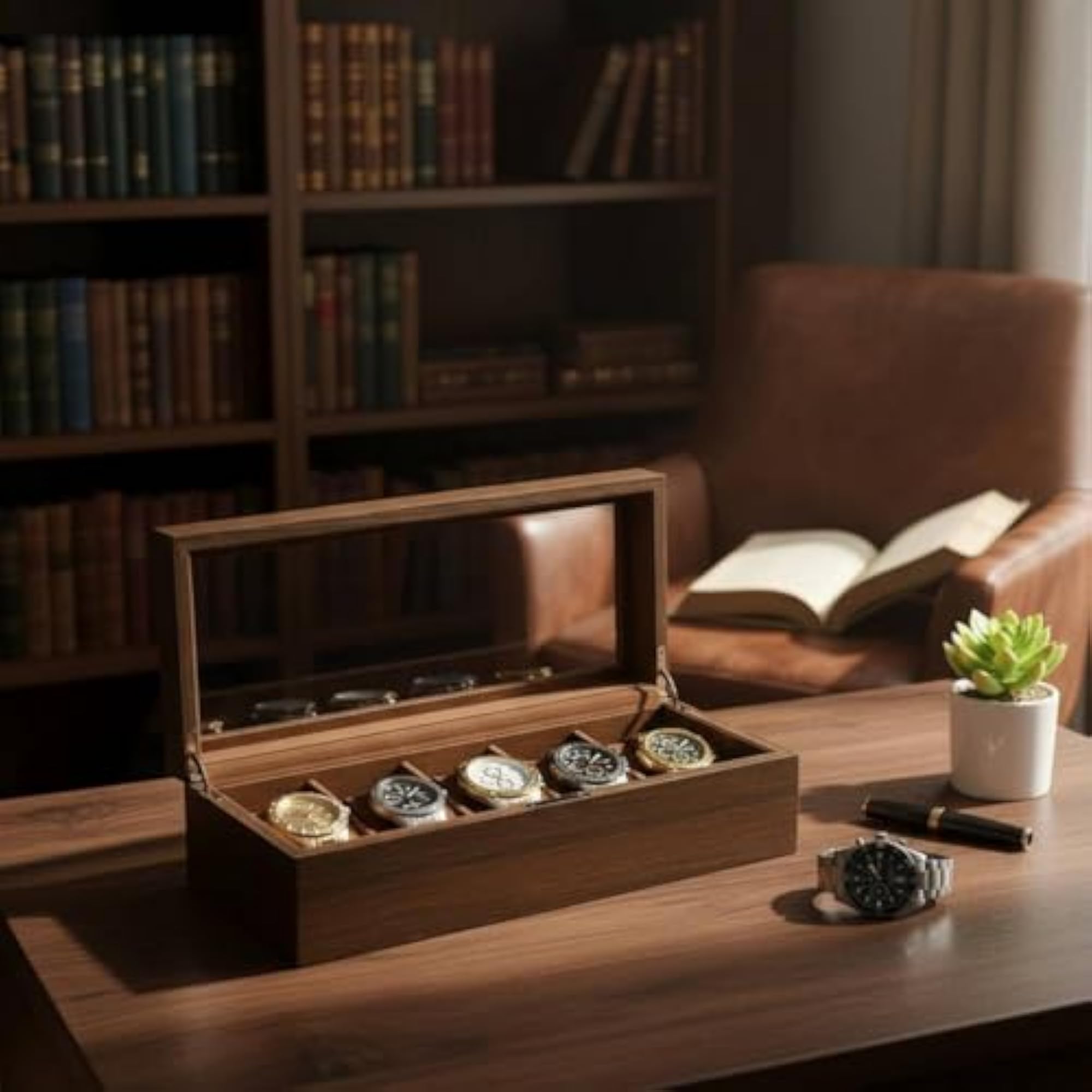 Wooden Watch Display Case with 10 Slots, Sliding Lid